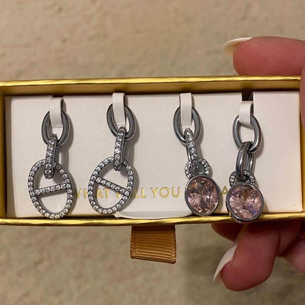 Charming Hoops Hematite Dimond ZZ Pink Crystal Charm Set